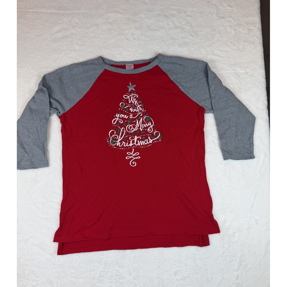 Holiday Time Womens L 12-14 Red Gray Raglan Thermal Merry Christmas Tree Top